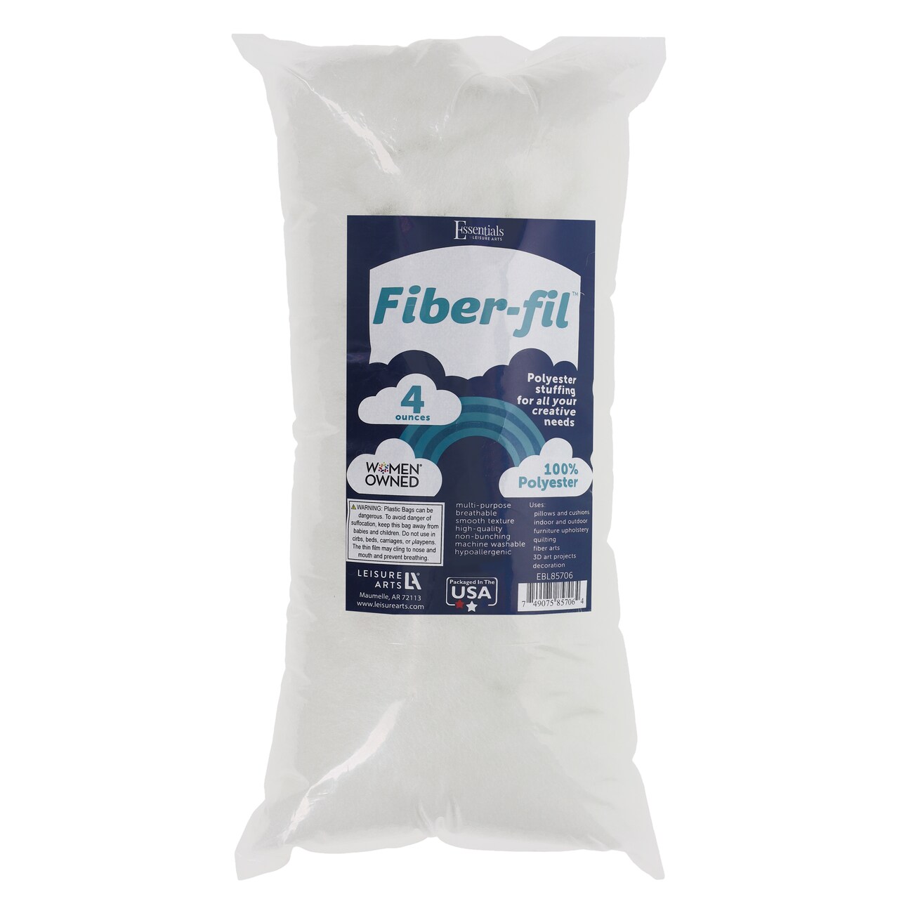 Essentials By Leisure Arts Polyester Fiber-Fil, Premium Fiber-Fil Stuffing, 4Oz Bag, High Resilience Polyfill For Filling Stuffed Animals, Crafts, Pillow Stuffing, Cushion Stuffing